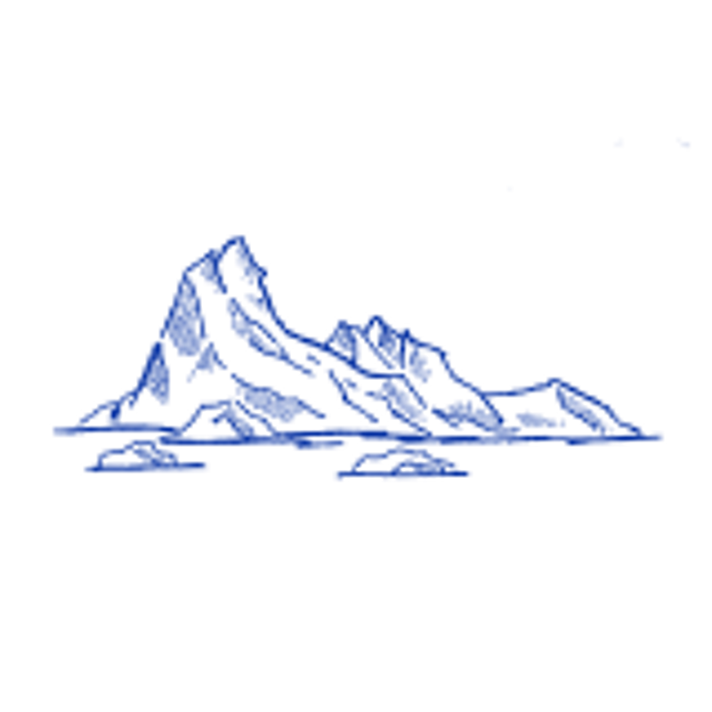 The image shows a pixelated, dark blue mountain range against a black background. The mountains are jagged and uneven, with a body of water in front. The style is reminiscent of early computer graphics, with a limited color palette and blocky shapes. The overall impression is stark and simple, evoking a sense of isolation and the raw power of nature.